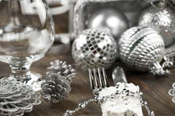 Christmas dinner table. Traditional Christmas decorations. Romantic table setting.