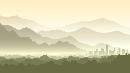 Fototapeta premium Horizontal cartoon illustration of misty forest hills with city.