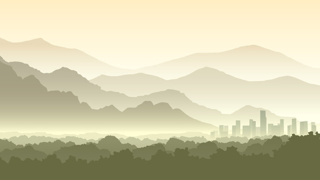 Fototapeta Horizontal cartoon illustration of misty forest hills with city.