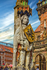 Fototapeta na wymiar Bremen Market square, Germany. Knight Roland statue, Marktplatz