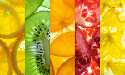 assorted vertical collage of 5 back lit fruit slices