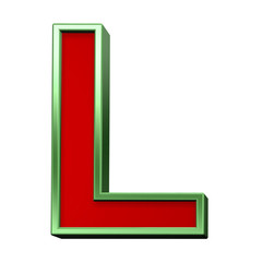 One letter from red glass with green frame alphabet set, isolated on white. Computer generated 3D photo rendering.