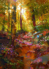 landscape painting of beautiful autumn forest with sunlight
