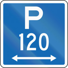 New Zealand road sign - Parking permitted during standard hours for a maximum time of 120 minutes, on both sides of this sign