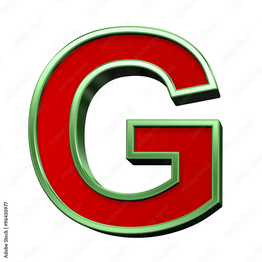 Fototapete one letter from red glass with green frame alphabet set, isolated on white. computer generated 3d ph