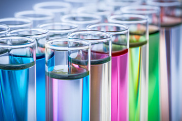 colorful chemicals in test tubes - obrazy, fototapety, plakaty