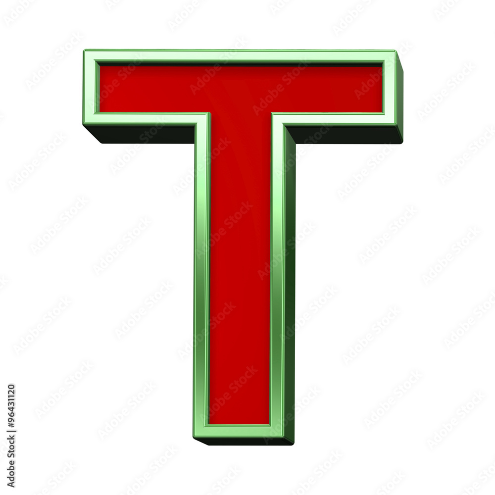 Fototapete one letter from red glass with green frame alphabet set, isolated on white. computer generated 3d ph