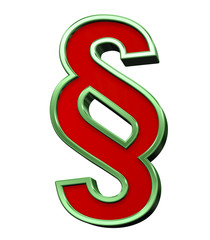 Paragraph sign from red glass with green frame alphabet set, isolated on white. Computer generated 3D photo rendering.