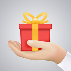 Realistic Hand Holding Cristmas Winter New Year Giftbox Present Icon Vector Illustration