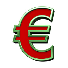 Euro sign from red glass with green frame alphabet set, isolated on white. Computer generated 3D photo rendering.