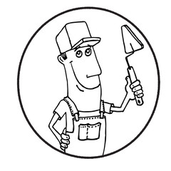 Black & white character. Worker with tool hand drawn logo 
