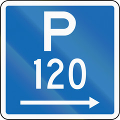 New Zealand road sign - Parking permitted during standard hours for a maximum time of 120 minutes, on the right of this sign