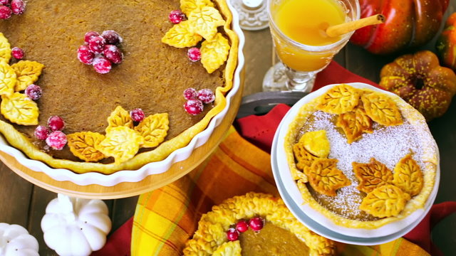 Homemade pumpkin pies with Autumn stamped leafs