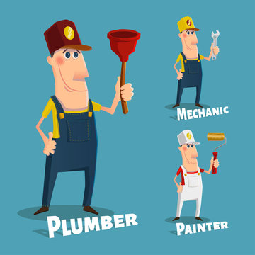 Hand drawn plumber,  painter, mechanic character.  Set of professions in cartoon style.