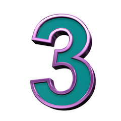 One digit from blue glass with purple frame alphabet set, isolated on white. Computer generated 3D photo rendering.