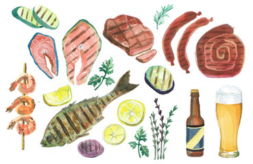 Set of watercolor illustrations. BBQ. Grill.