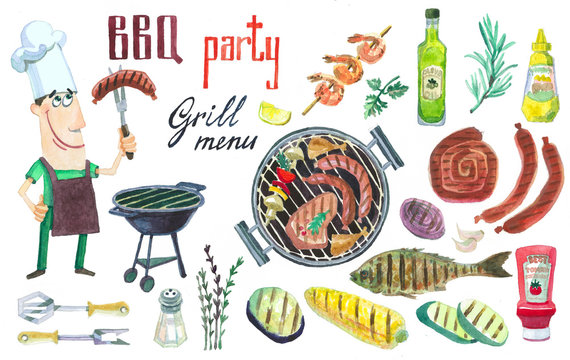 Set Of Watercolor Illustrations. BBQ. Grill.