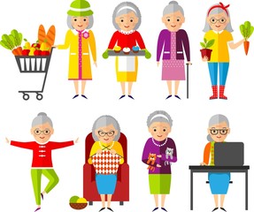 Set of vector Illustration a group of old woman in different situations.
