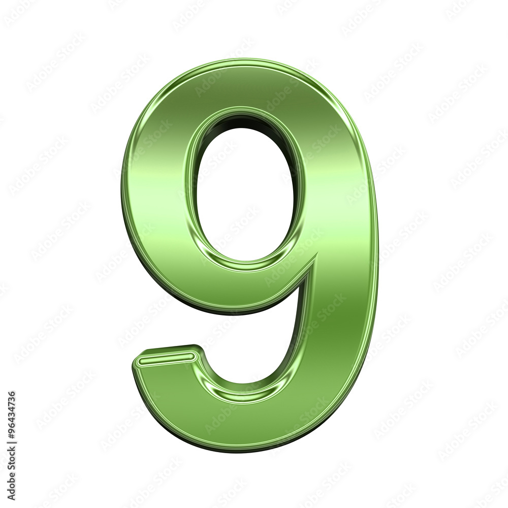 Fototapete one digit from shiny green alphabet set, isolated on white. computer generated 3d photo rendering.