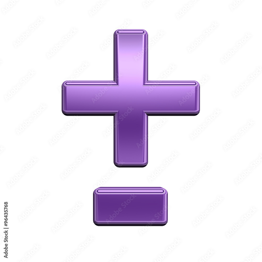 Fototapete hyphen, minus, plus marks from shiny purple alphabet set, isolated on white. computer generated 3d p