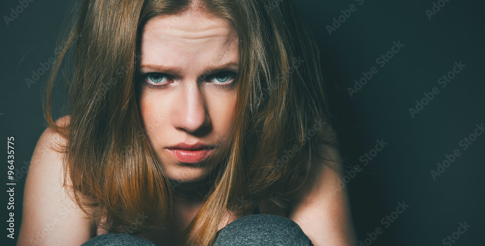 Wall mural woman in depression and despair crying on black dark - Wall murals