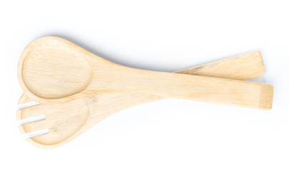 Wooden spoon and Fork on White background