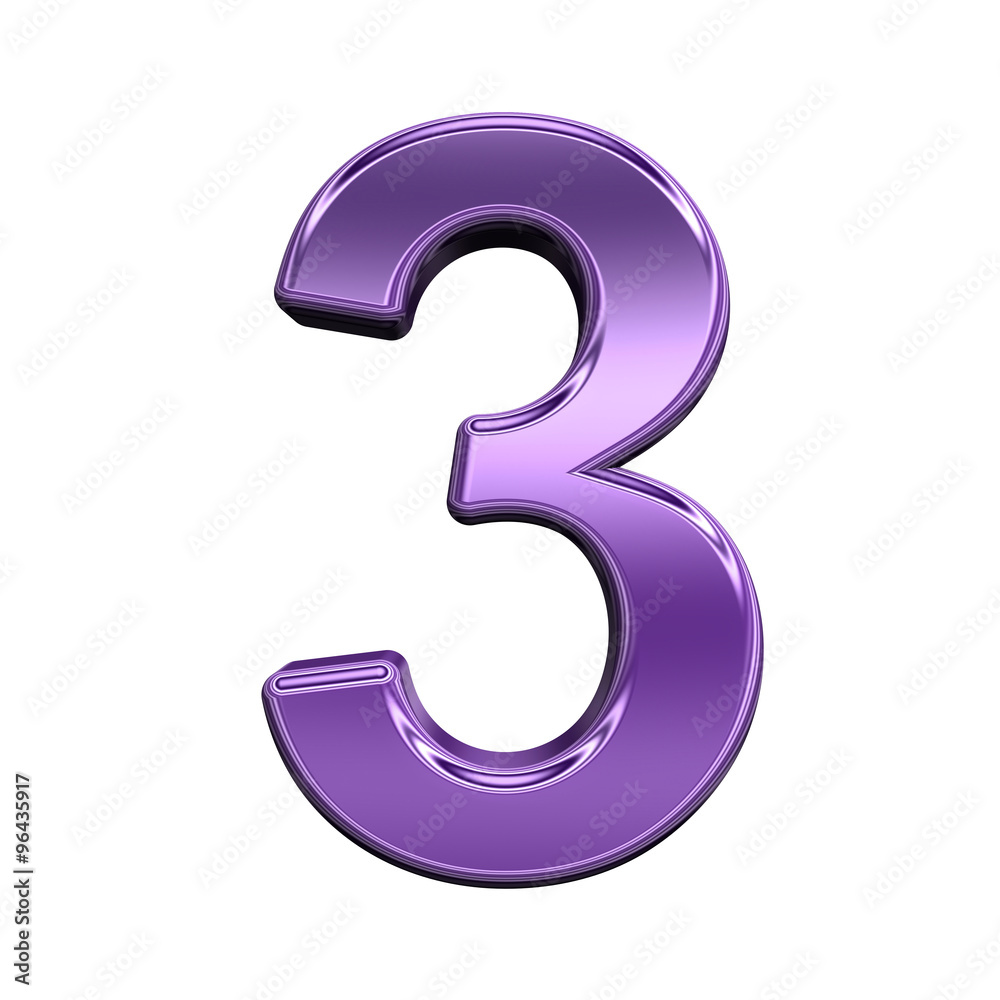 Fototapete one digit from shiny purple alphabet set, isolated on white. computer generated 3d photo rendering.