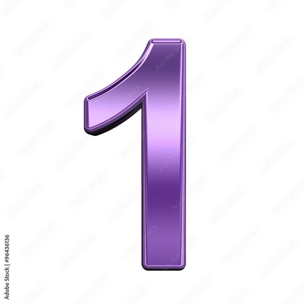 Fototapete one digit from shiny purple alphabet set, isolated on white. computer generated 3d photo rendering.