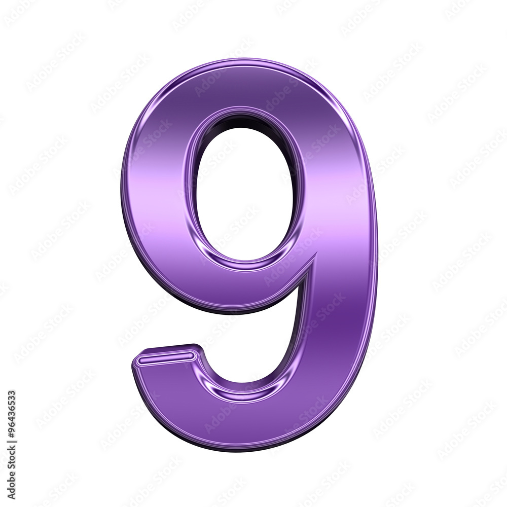 Fototapete one digit from shiny purple alphabet set, isolated on white. computer generated 3d photo rendering.