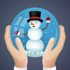 Realistic Hand Holding Cristmas Winter New Year Snowball with Snowman Icon Vector Illustration