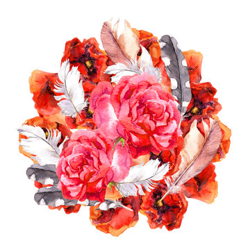 Floral hippie chic style - circle composition with vibrant flowers poppies, roses and feathers. Watercolor art 