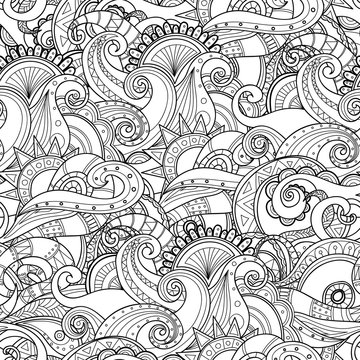 Doodle black and white abstract hand-drawn background. Wavy seamless pattern.