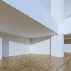 Big empty white office interior with wood floor. 3d render