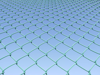 Green seamless fence chain, Iron wire fence on blue sky background