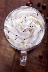 view from above the coffee latte with whipped cream
