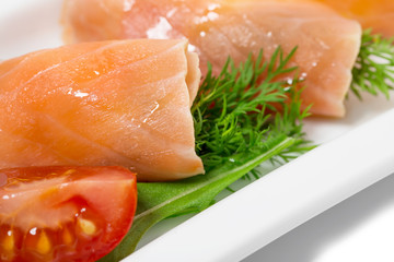 Rolled smoked salmon platter.