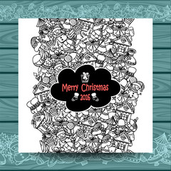 Christmas vertical doodle seamless border on white with blue wood