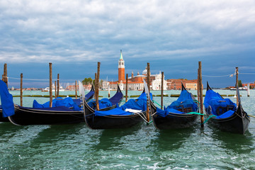 Gondolas on the Grand Canal against the background of the church of San Giorgio Maggiore, Venice, Italy