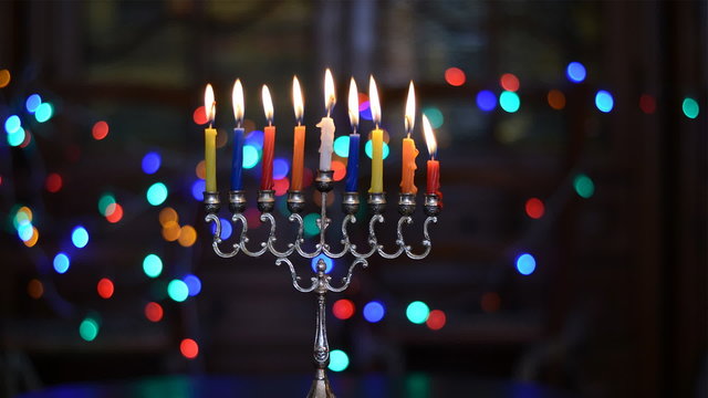 Time Lapse of Hanukkah Candles Burning.  Hanukkah Menorah Candles. Jewish Holiday 