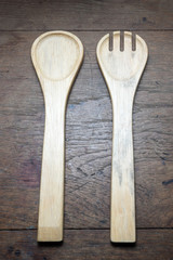 Wooden spoon and Fork on Wooden Table