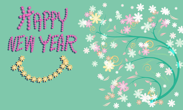 Greeting card for happy new year with pattern of flower