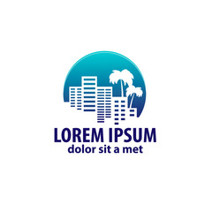 logo with a silhouette of the city and palm
