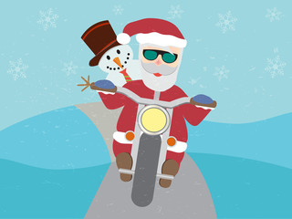 Retro santa claus on motorcycle with snowman flat
