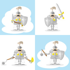 A set of vector shapes funny medieval knight in white cloak isolated on white background