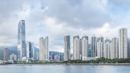 Naklejka premium Panorama view of Harbor of Hong Kong City