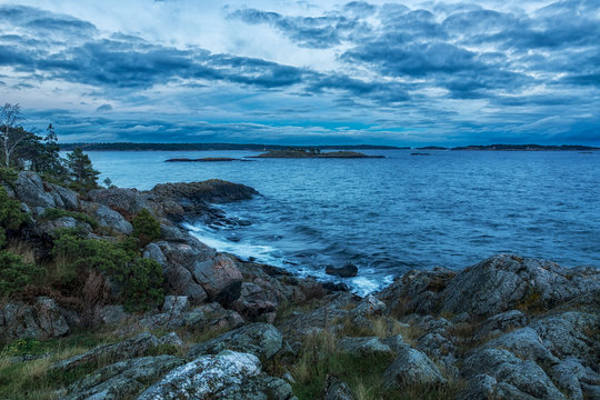 Panoramic view over archipelago landscape in dusk