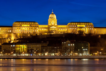 Fototapeta na wymiar Buda Castle from Pest in the evening blue hour