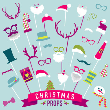 Christmas Retro Party set - Glasses, hats, lips, mustaches, masks