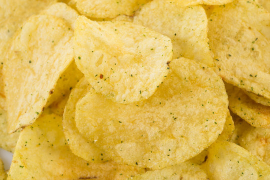 Prepared potato chips snack closeup view