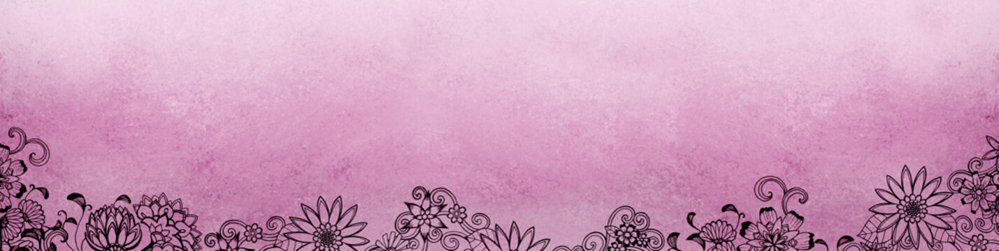 floral pink background with hand drawn flower borders and copyspace for header title, blank website banner with flower design